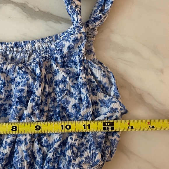 Bloomfield Blue White Floral Smocked Mini Dress Sleeveless Tiered Skirt L - Picture 11 of 12